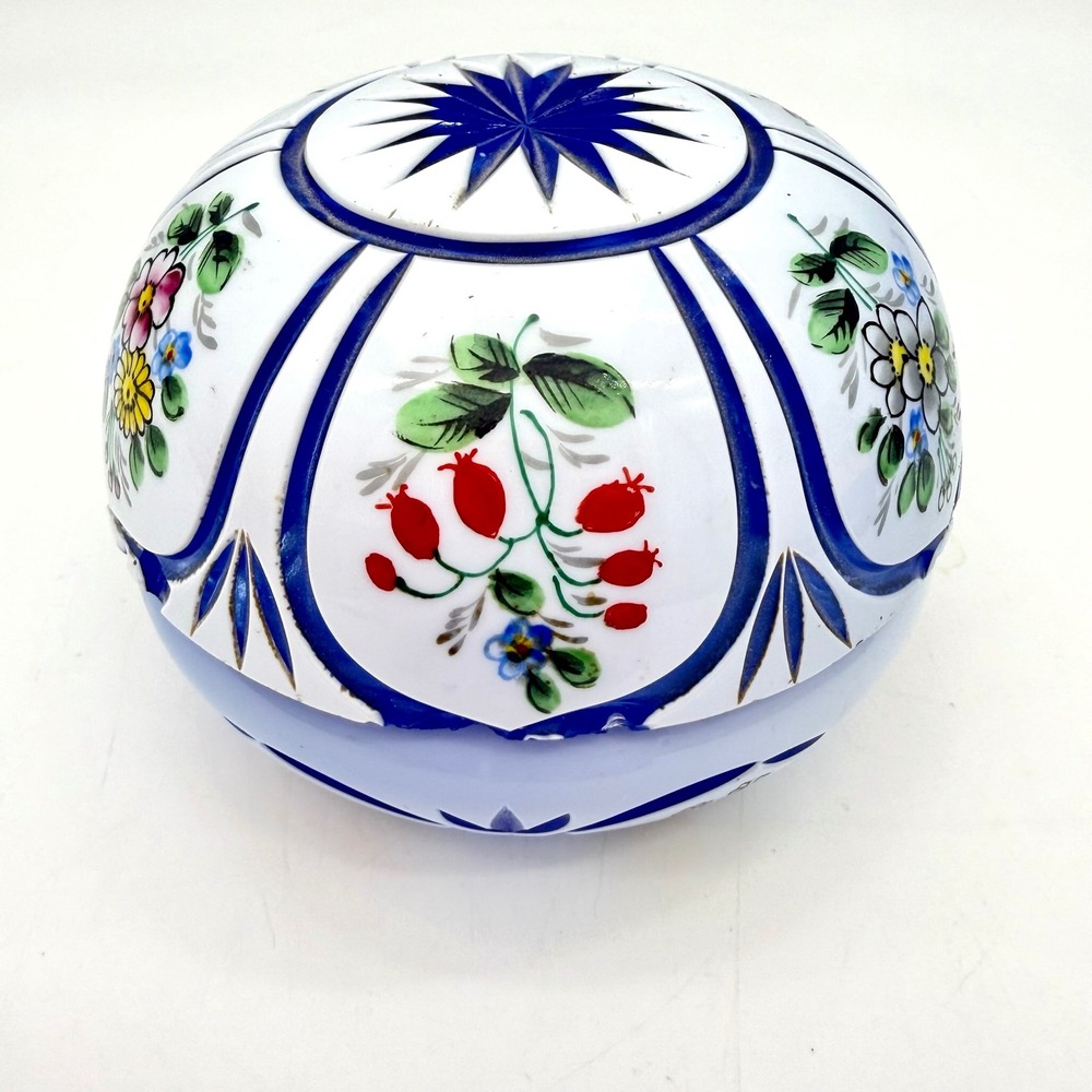 Antique Bohemian Cased Glass Lidded Trinket Box Blue Cut Hand Painted Floral